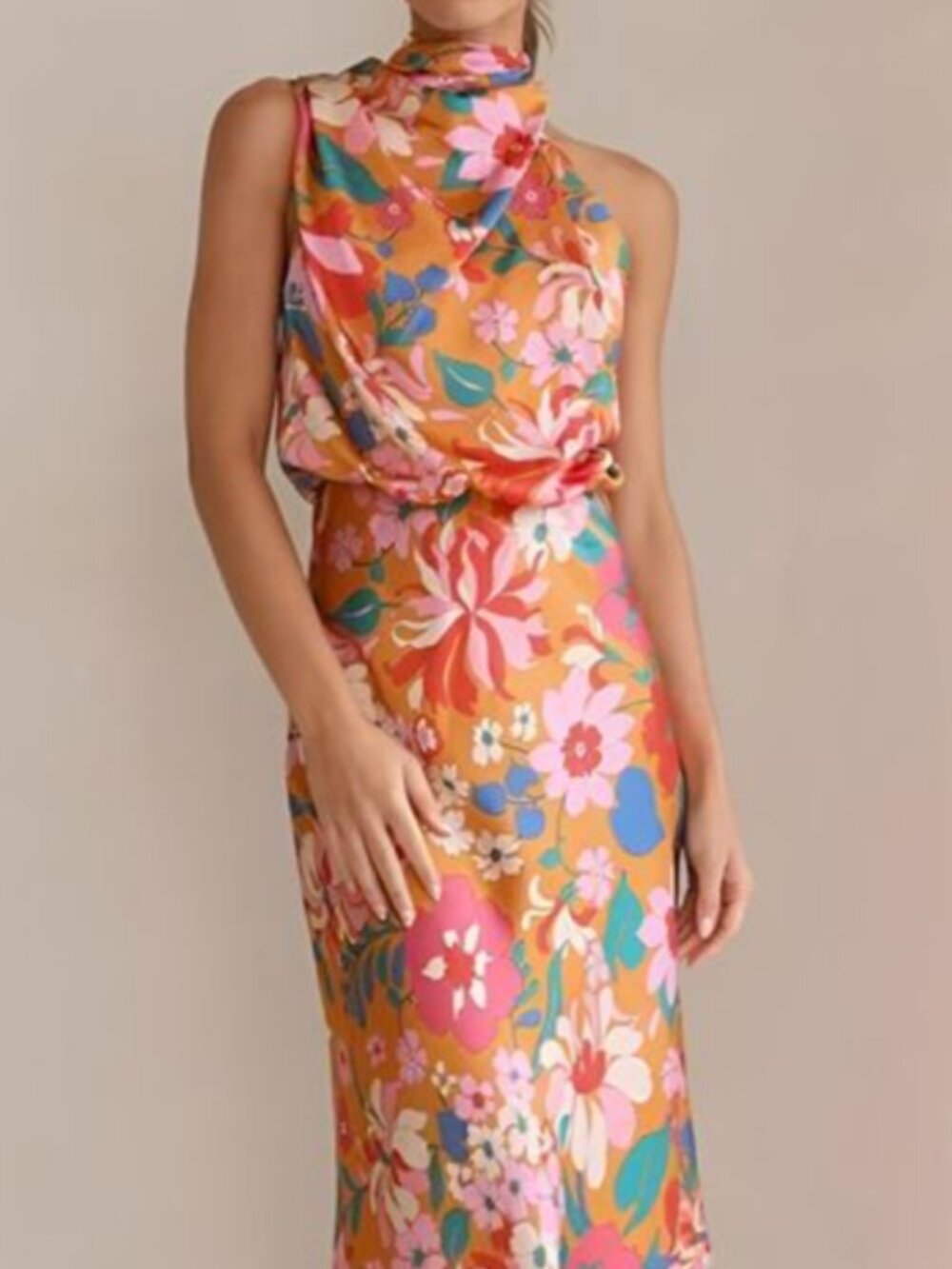 NWT Sage + Paije Satin Floral Halter Dress Size Large High Draped Neck Fall Chic - Picture 2 of 13